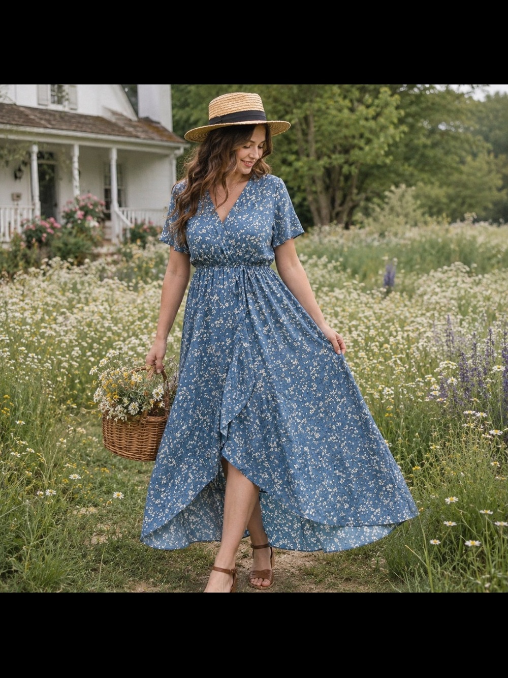 Simplee Apparel Blue Floral High-Low Wrap Dress
